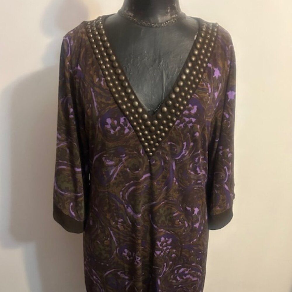 Michael Michael Kors Brown/Purple/Green V-neck embellished shift dress, size L